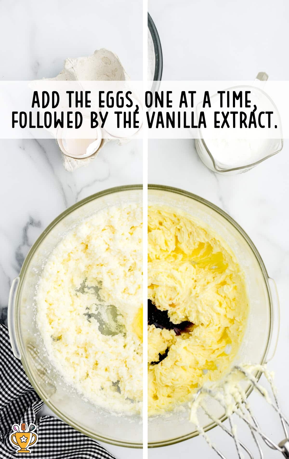 eggs and vanilla extract added in a bowl
