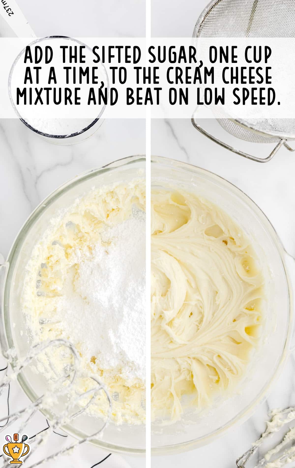 sugar added to the cream cheese mixture in a bowl