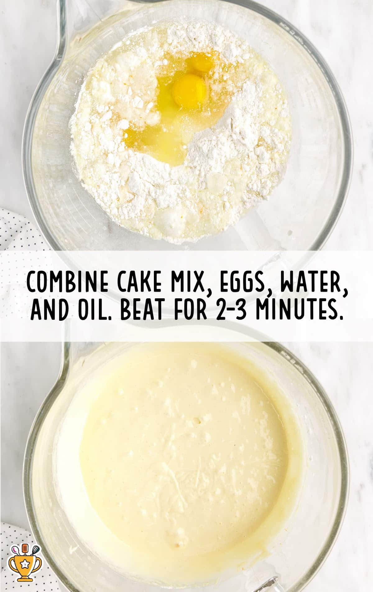 cake mix, eggs, water and oil combined in a bowl