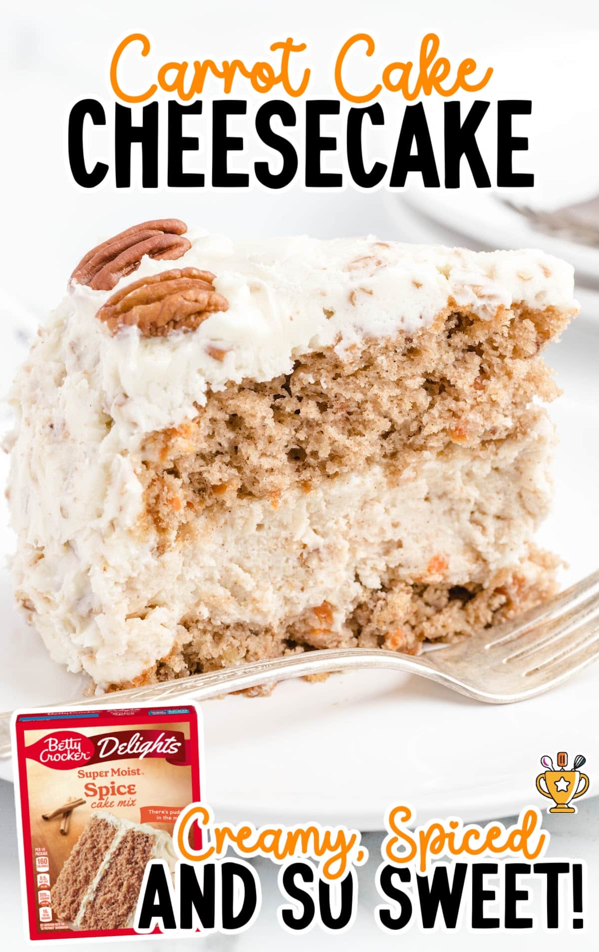 a piece of Carrot Cake Cheesecake on a plate with a fork