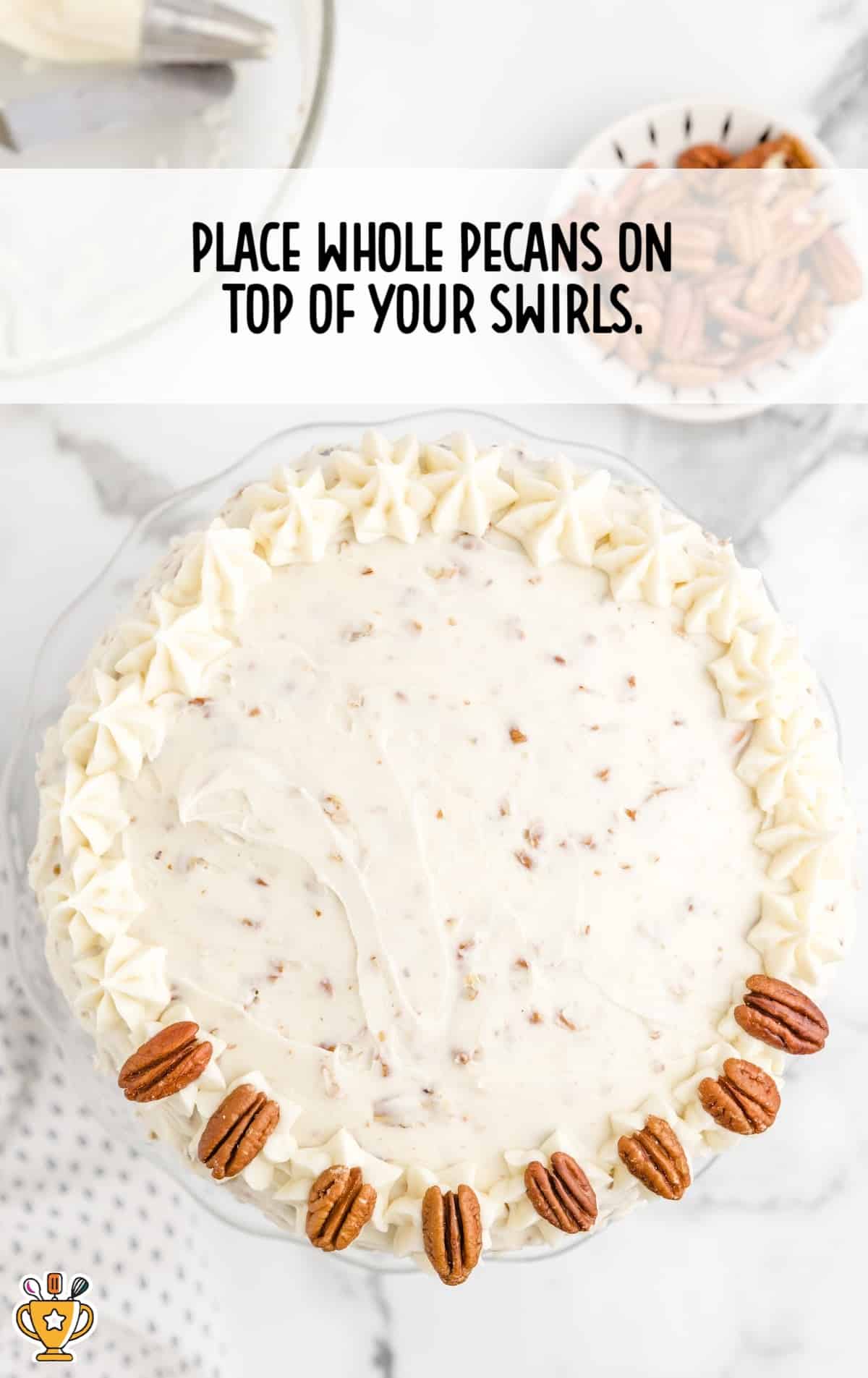 whole pecans placed on top of the swirls