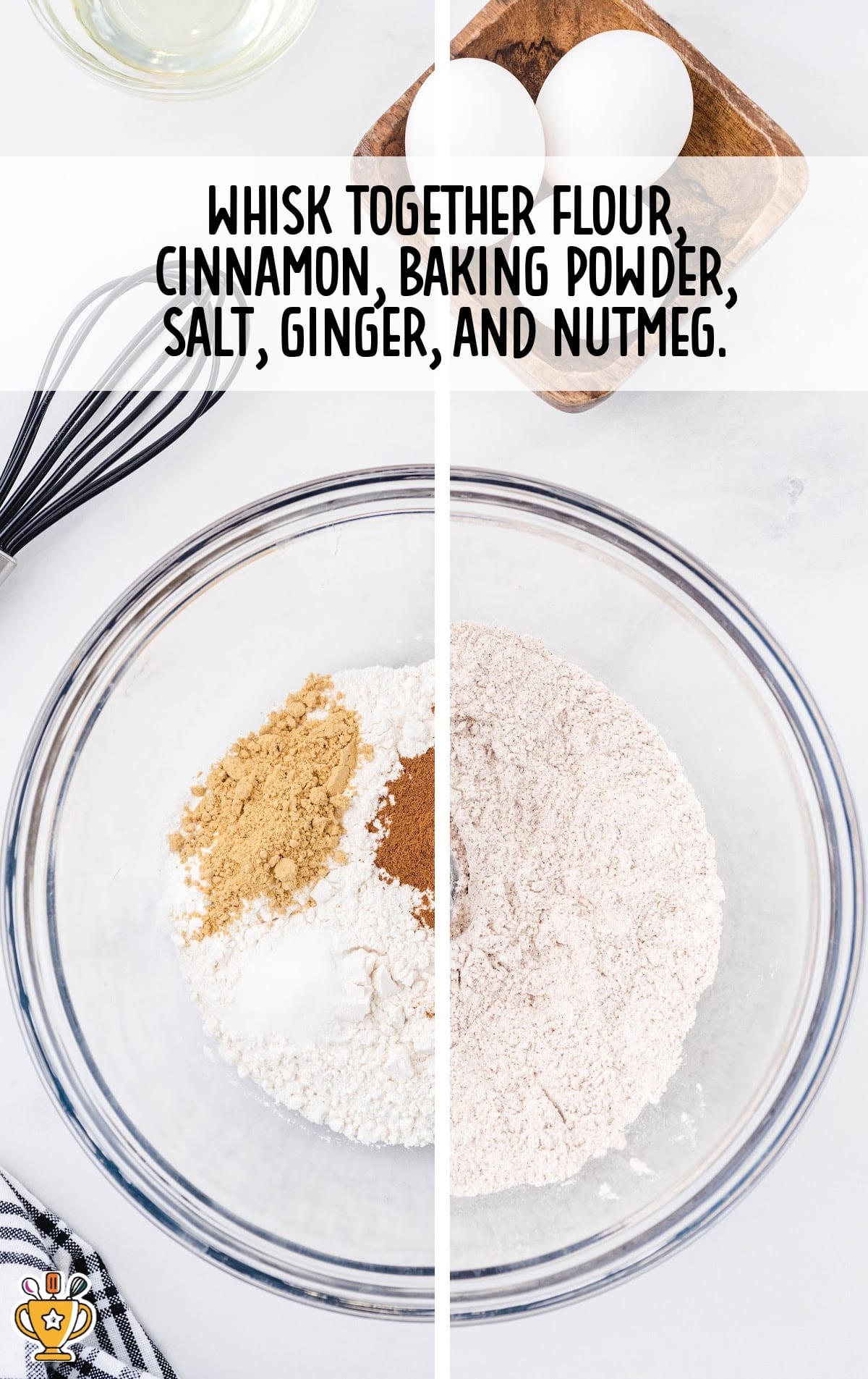 flour, cinnamon, baking powder, salt, ginger and nutmeg in a bowl