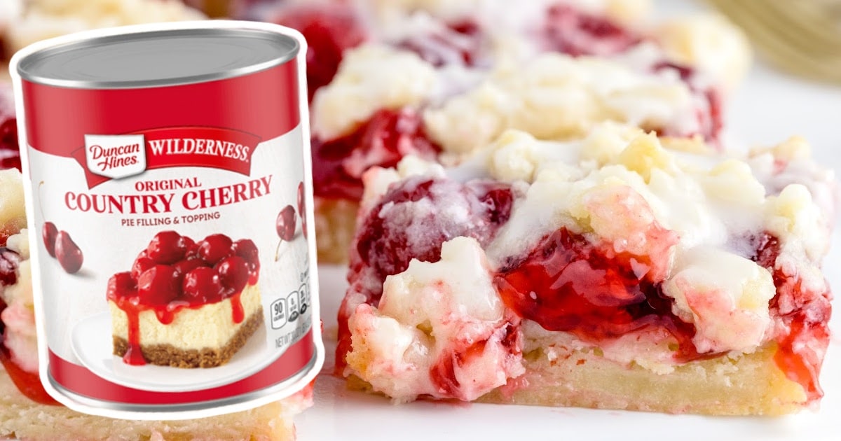 a can of country cherry pie filling next to a piece of Cherry Pie Bars