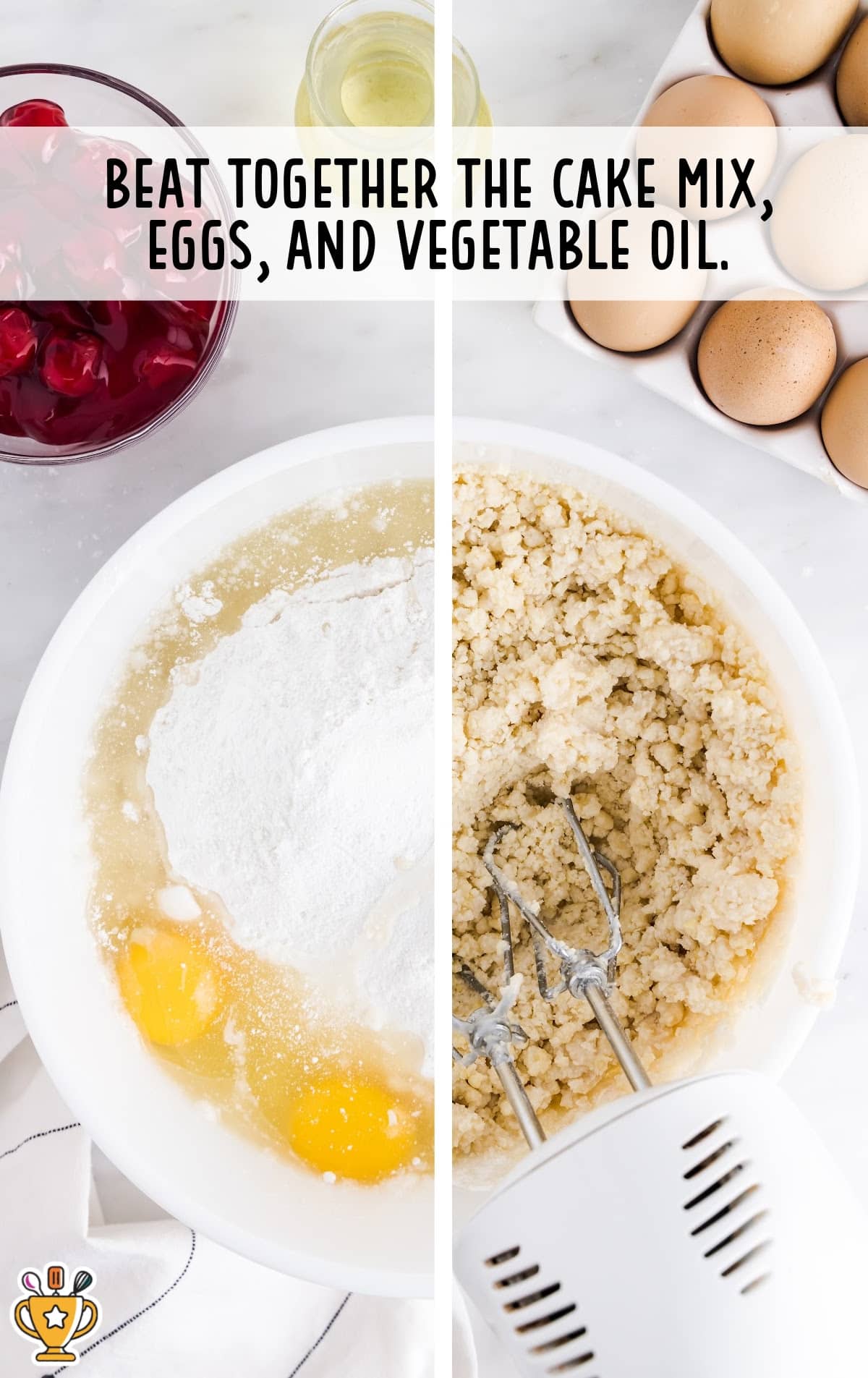 cake mix, eggs and vegetable oil mixed in a bowl