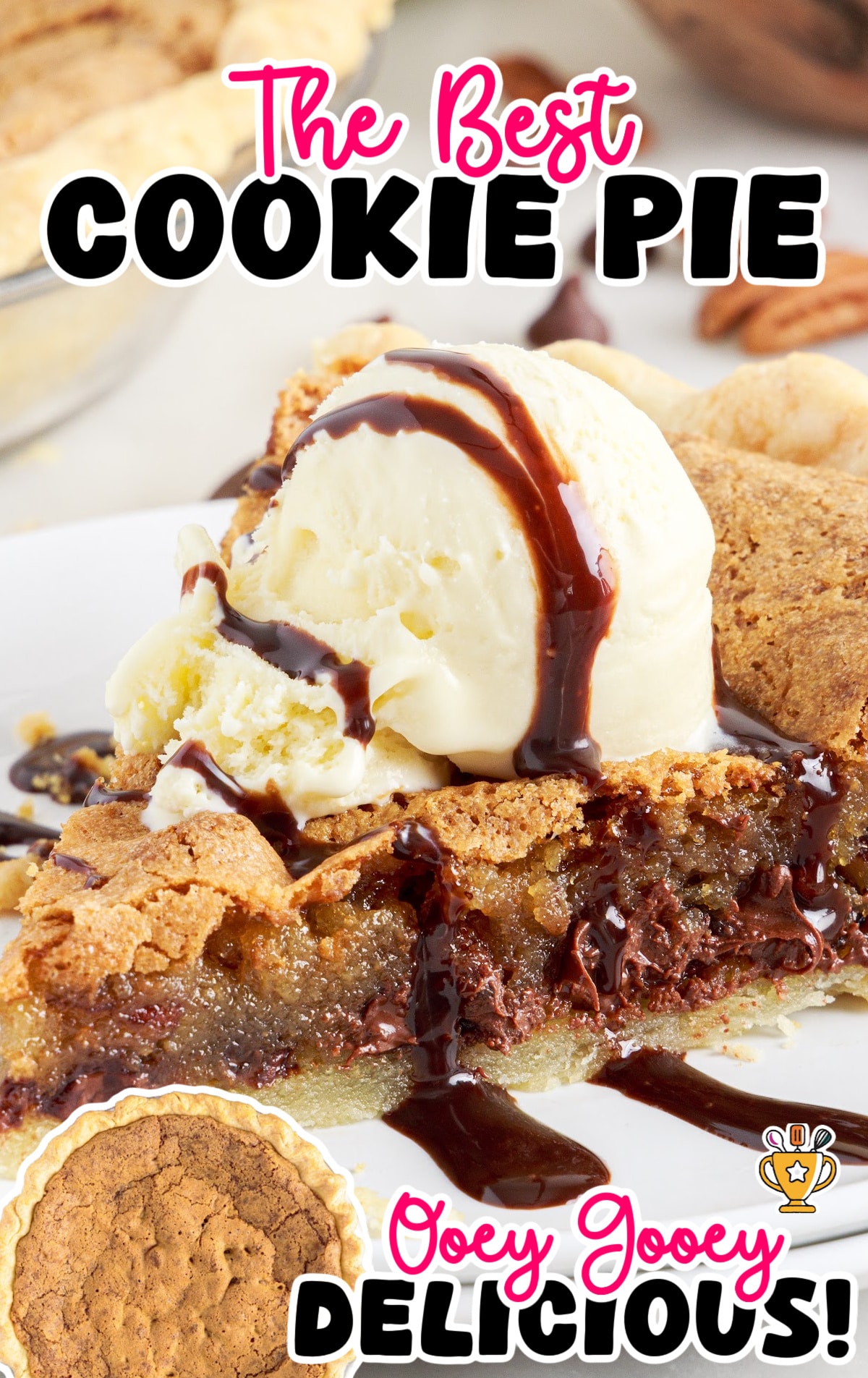 A slice of cookie pie is on a plate with a scoop of ice cream and chocolate drizzle.