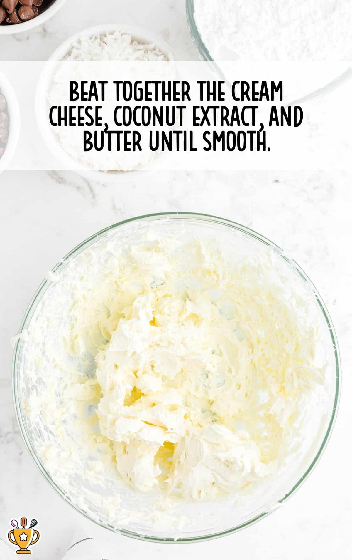cream cheese, coconut extract and butter beat in a clear bowl