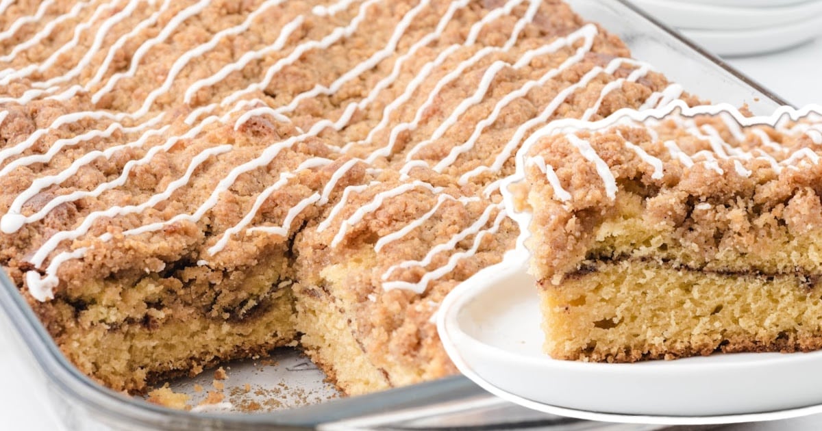 a piece of Coffee Cake on a plate and Coffee Cake in a baking pan