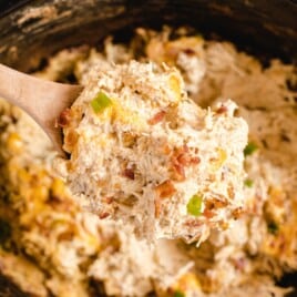 a wooden spoon holding some Crockpot Crack Chicken
