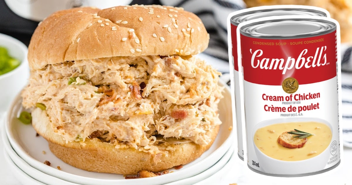 Crockpot Crack Chicken on a plate with a cans of Campbell's cream of chicken on the side