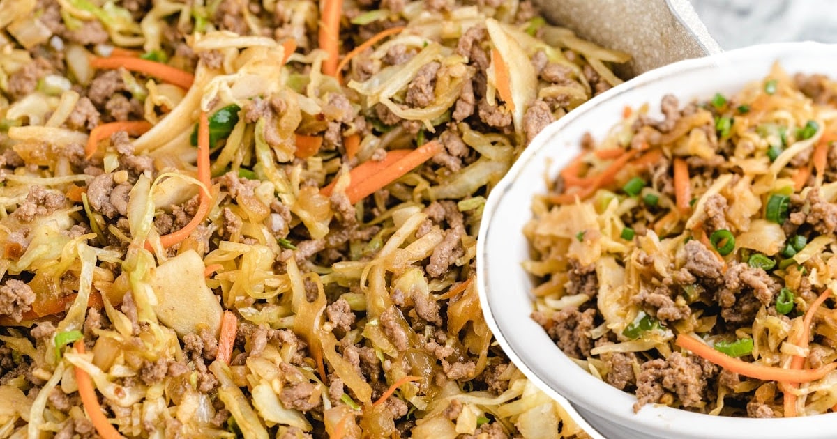 Egg Roll in A Bowl in a bowl and in a skillet