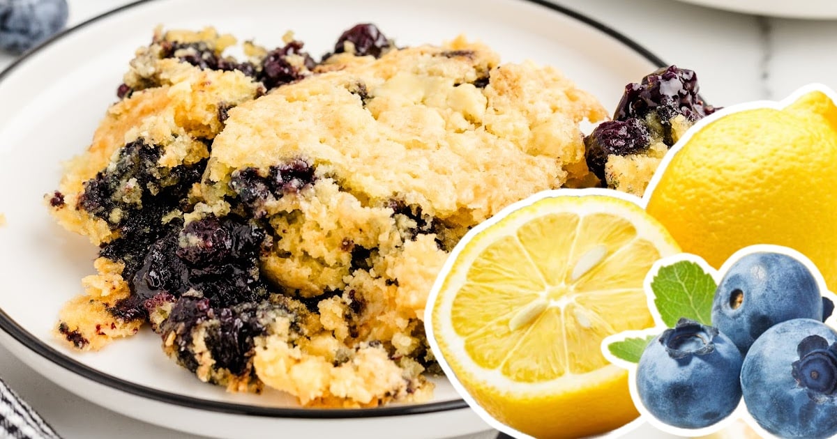 Lemon Blueberry Cobbler on a plate with lemon and blueberries on the side