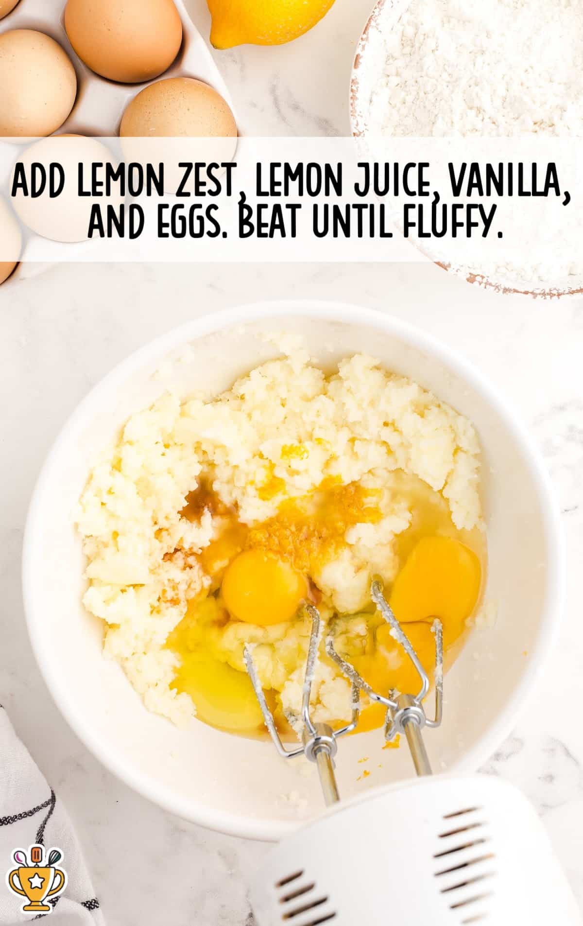 lemon zest, lemon juice, vanilla and eggs added in a bowl