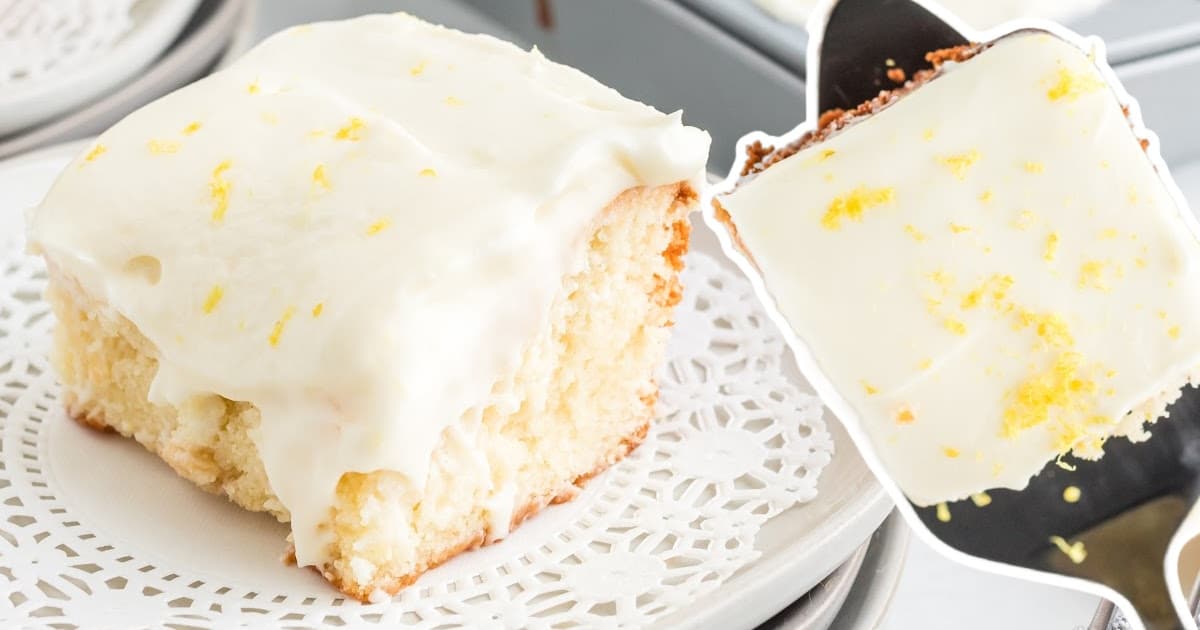 a piece of Lemon Sour Cream Cake on a plate and another held by a spatula