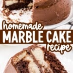 a Marble Cake with a missing piece and a piece of Marble Cake