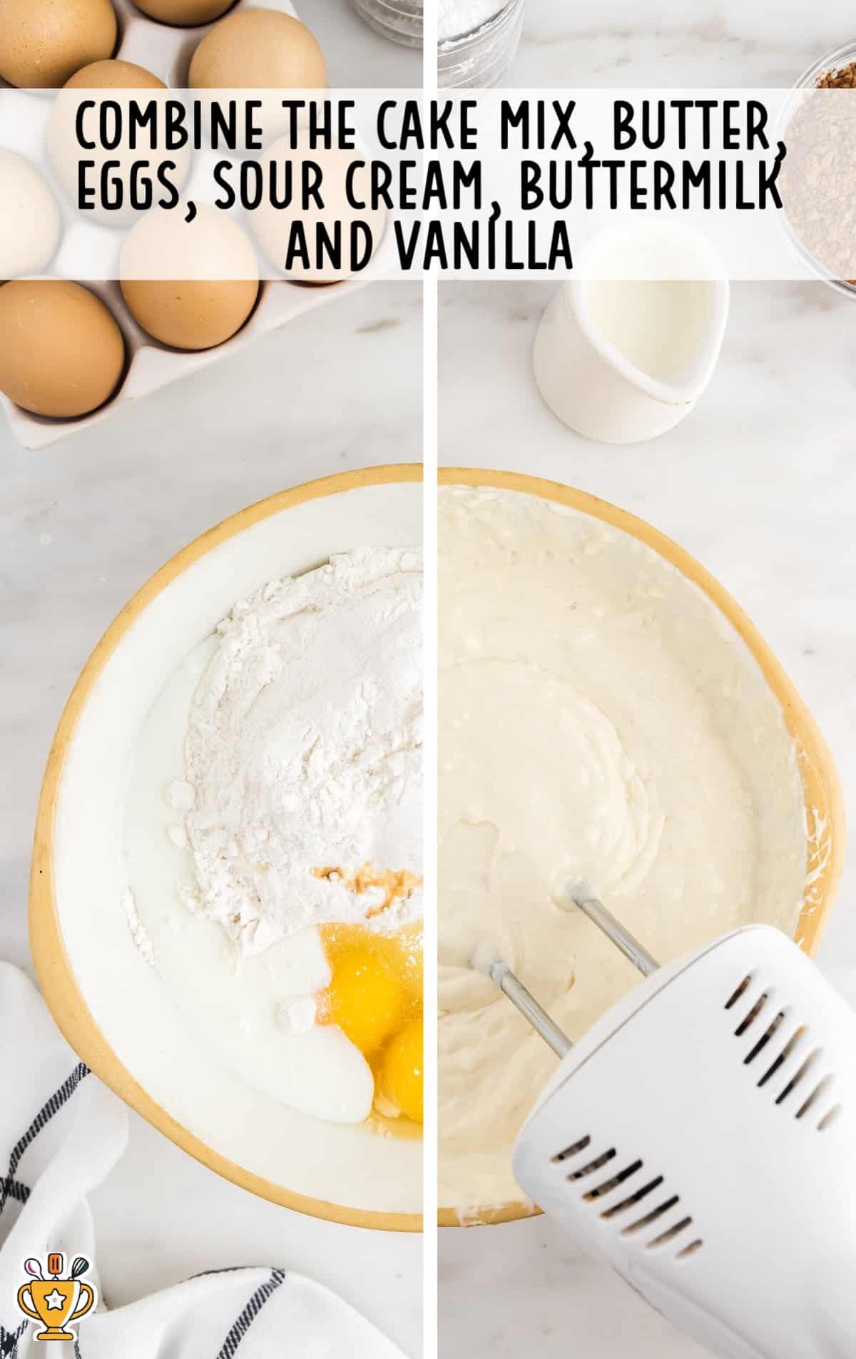 cake mix, butter, eggs, sour cream, buttermilk and vanilla mixed in a bowl