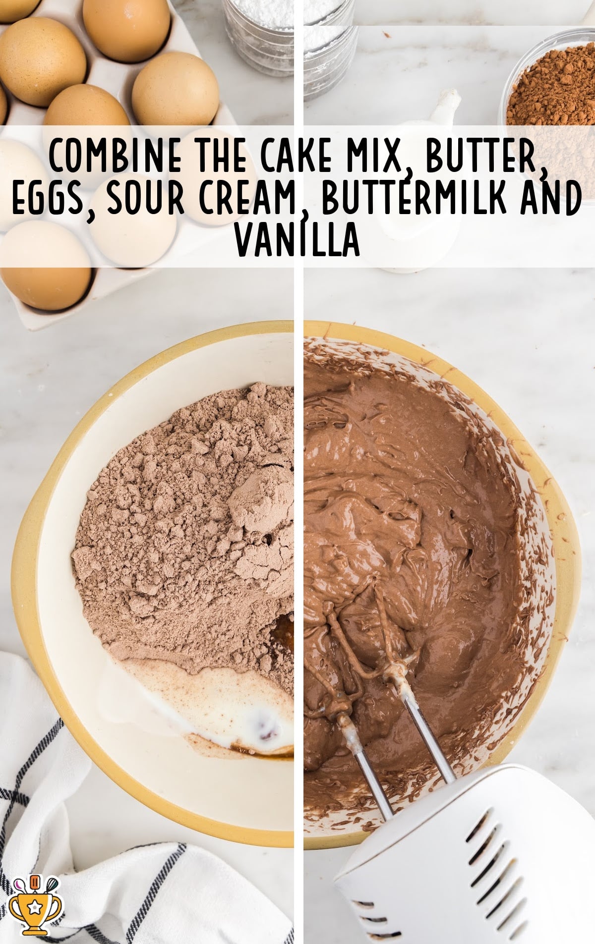 cake mix, butter, eggs, sour cream, buttermilk and vanilla mixed in a bowl