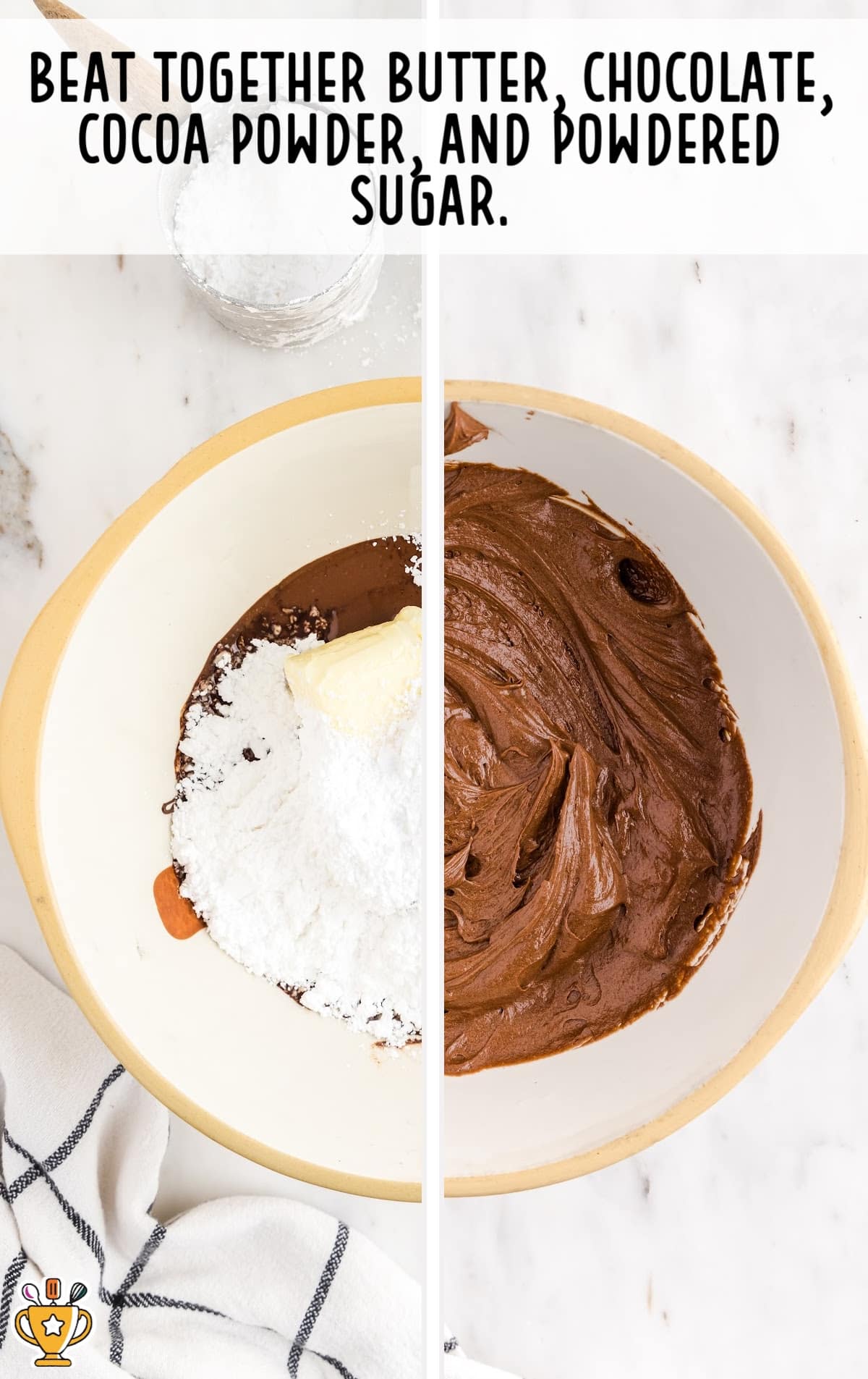 butter, chocolate, cocoa powder and powdered sugar in a bowl