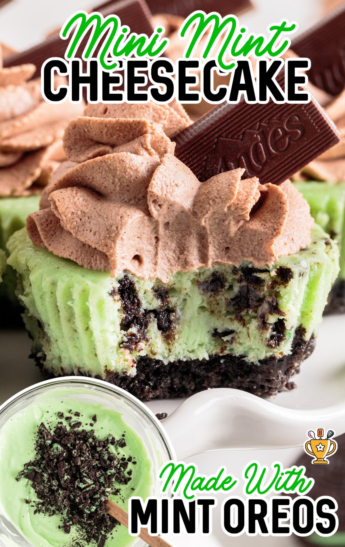 a Mini Mint Cheesecake with a bite on it