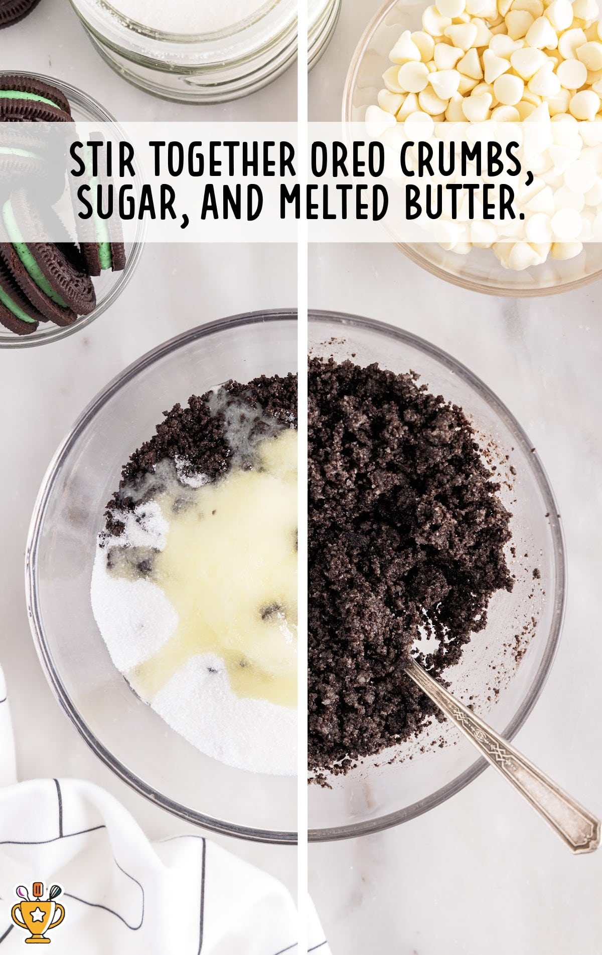 oreo crumbs, sugar and melted butter in a bowl
