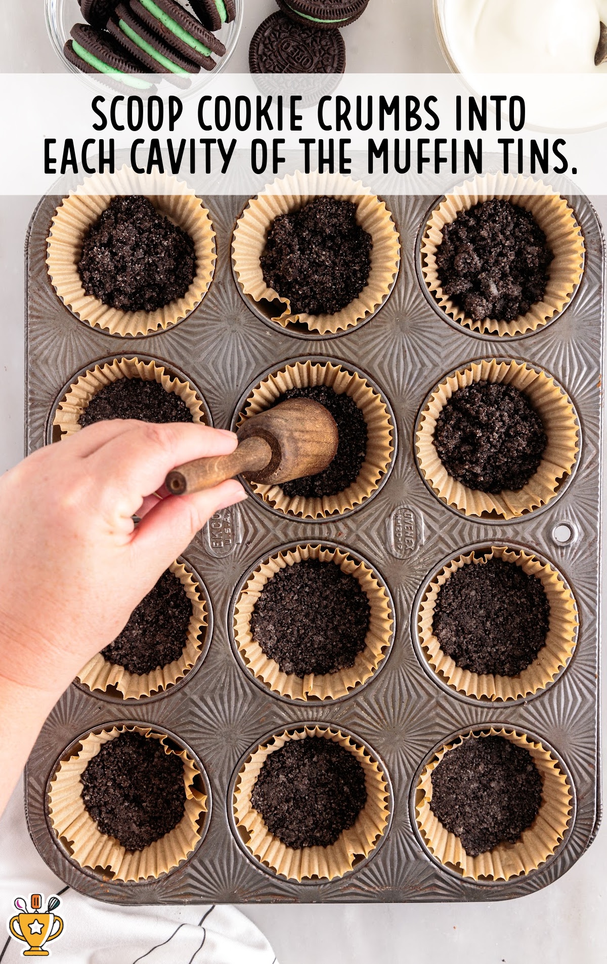 cookie crumbs in cavities of muffin tins