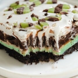 a piece of Chocolate Mint Lasagna on a plate