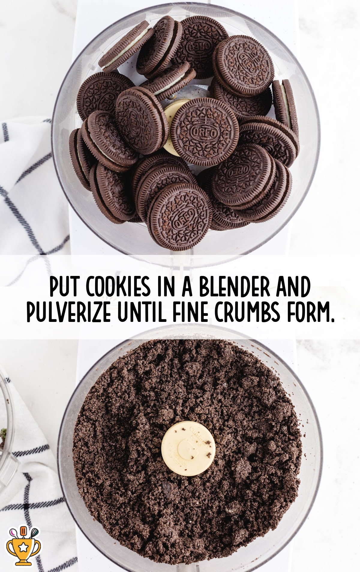 cookies in a blender and cookies crumbs in a blender in another photo