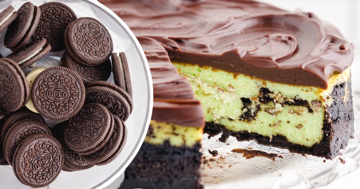 a Chocolate Mint Cheesecake with a piece missing next to a bowl full of oreo cookies