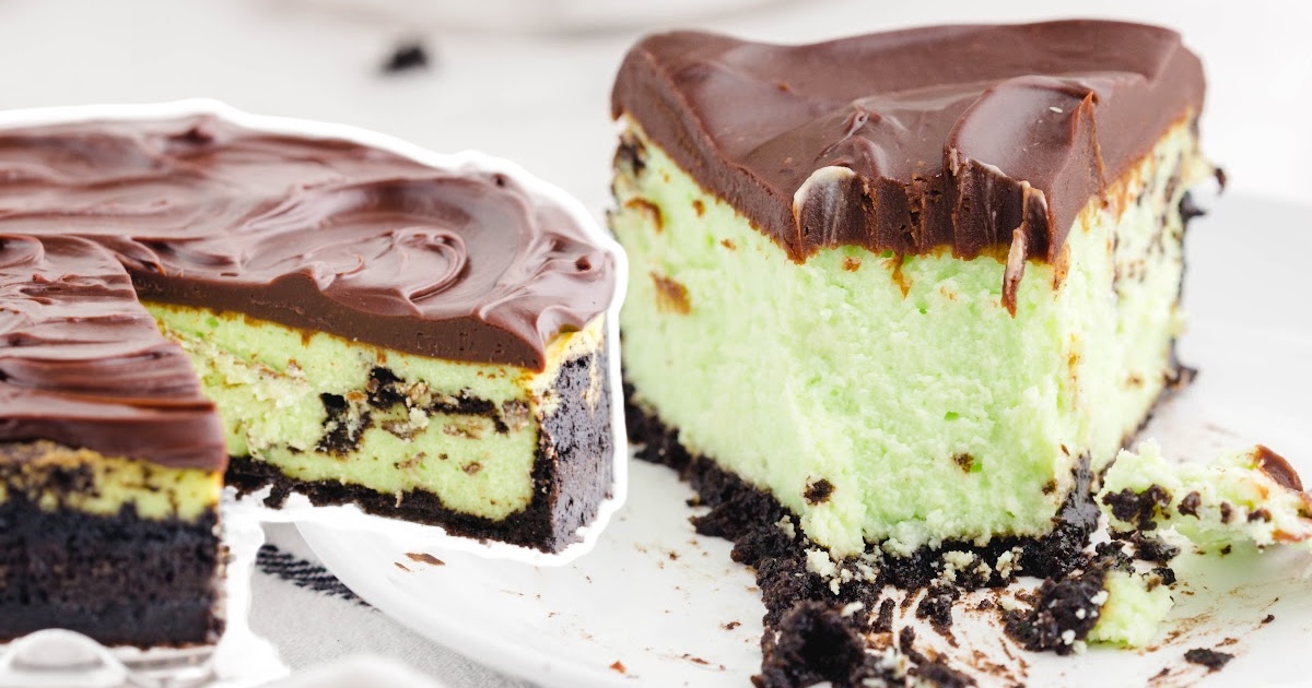 a Chocolate Mint Cheesecake with a piece missing, next to a a piece of Chocolate Mint Cheesecake
