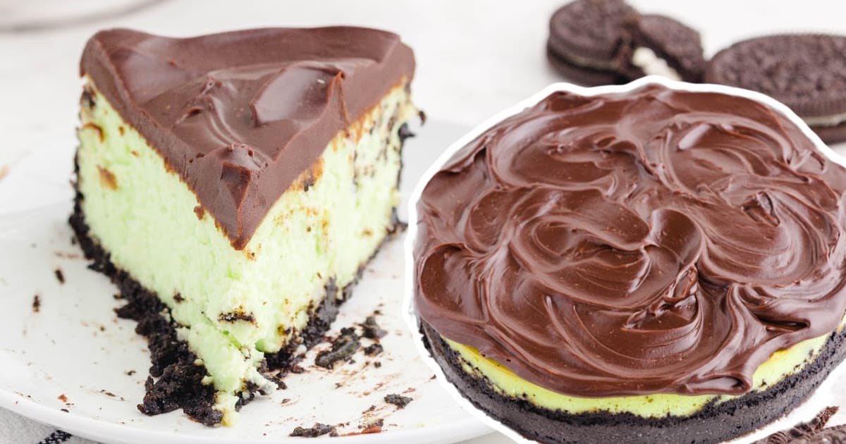a piece of Chocolate Mint Cheesecake on a plate and a Chocolate Mint Cheesecake on the side