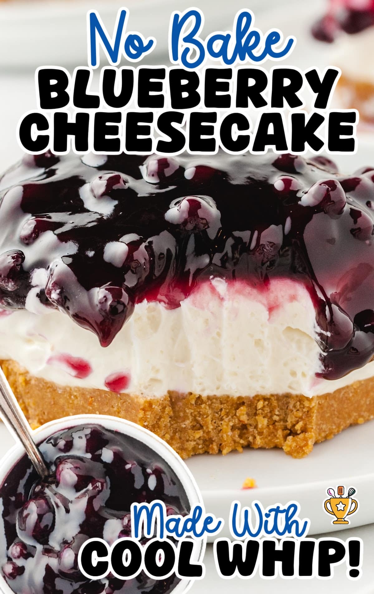a piece of No Bake Blueberry Cheesecake on a white plate
