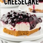 a piece of No Bake Blueberry Cheesecake on a plate