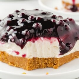 a piece of No Bake Blueberry Cheesecake on a plate