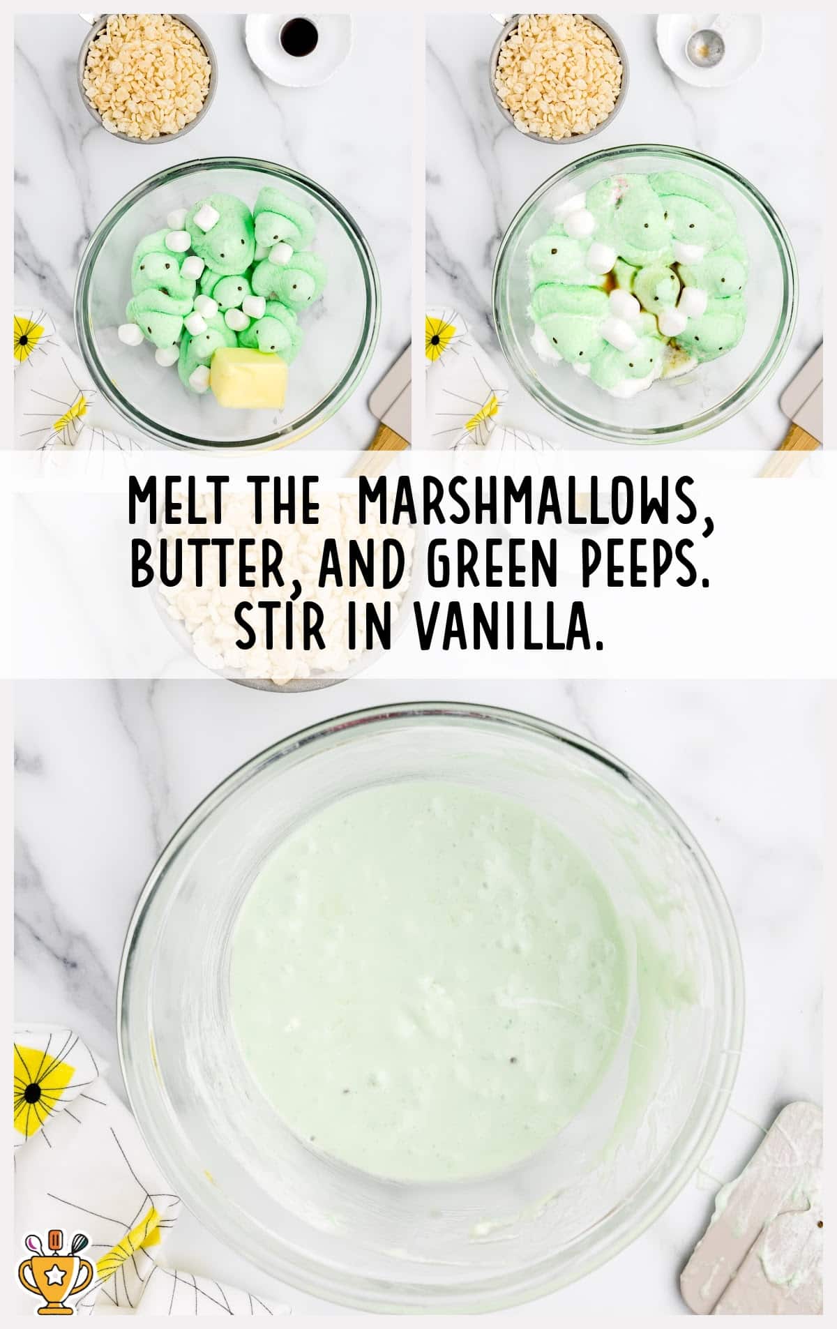 marshmallows, butter and green peeps in a bowl