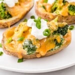 Broccoli and Cheddar Potato Skins on a white plate