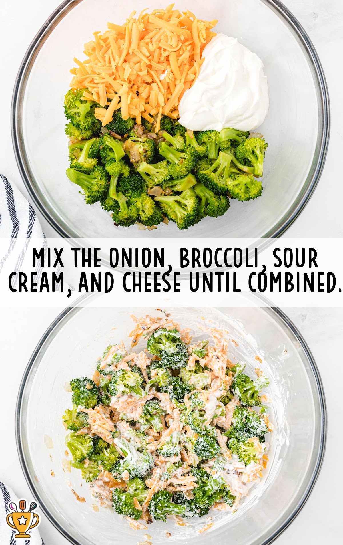 Broccoli and Cheddar Potato Skins ingredients combined in a clear bowl
