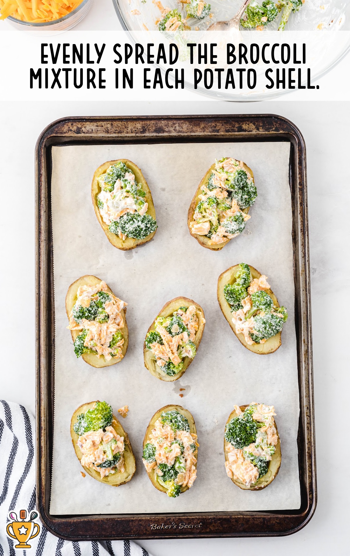 Broccoli and Cheddar Potato Skins on a baking pan