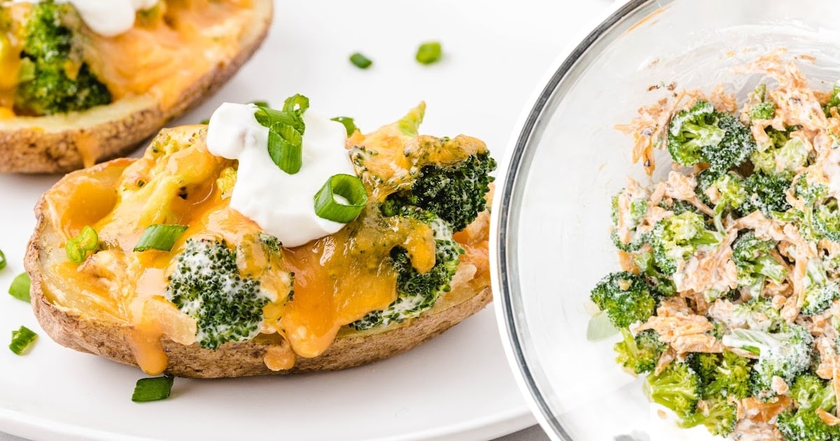 Broccoli and Cheddar Potato Skins on a plate and its mixture in a clear bowl on the side