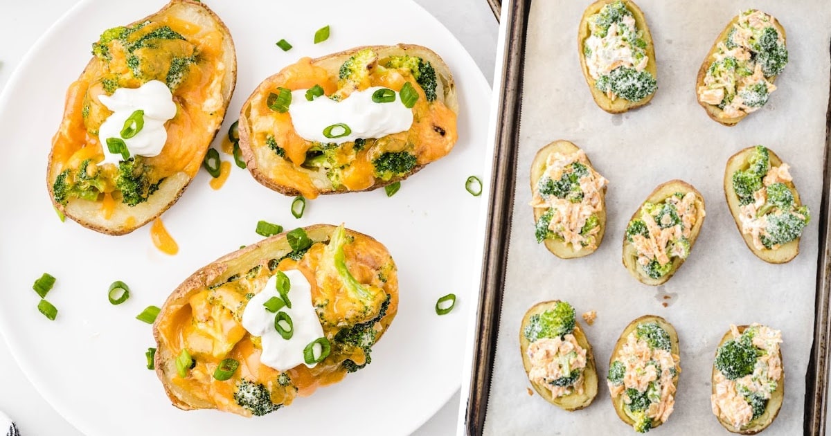Broccoli and Cheddar Potato Skins on a plate and on a baking tin