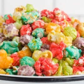 Rainbow Popcorn in a bowl