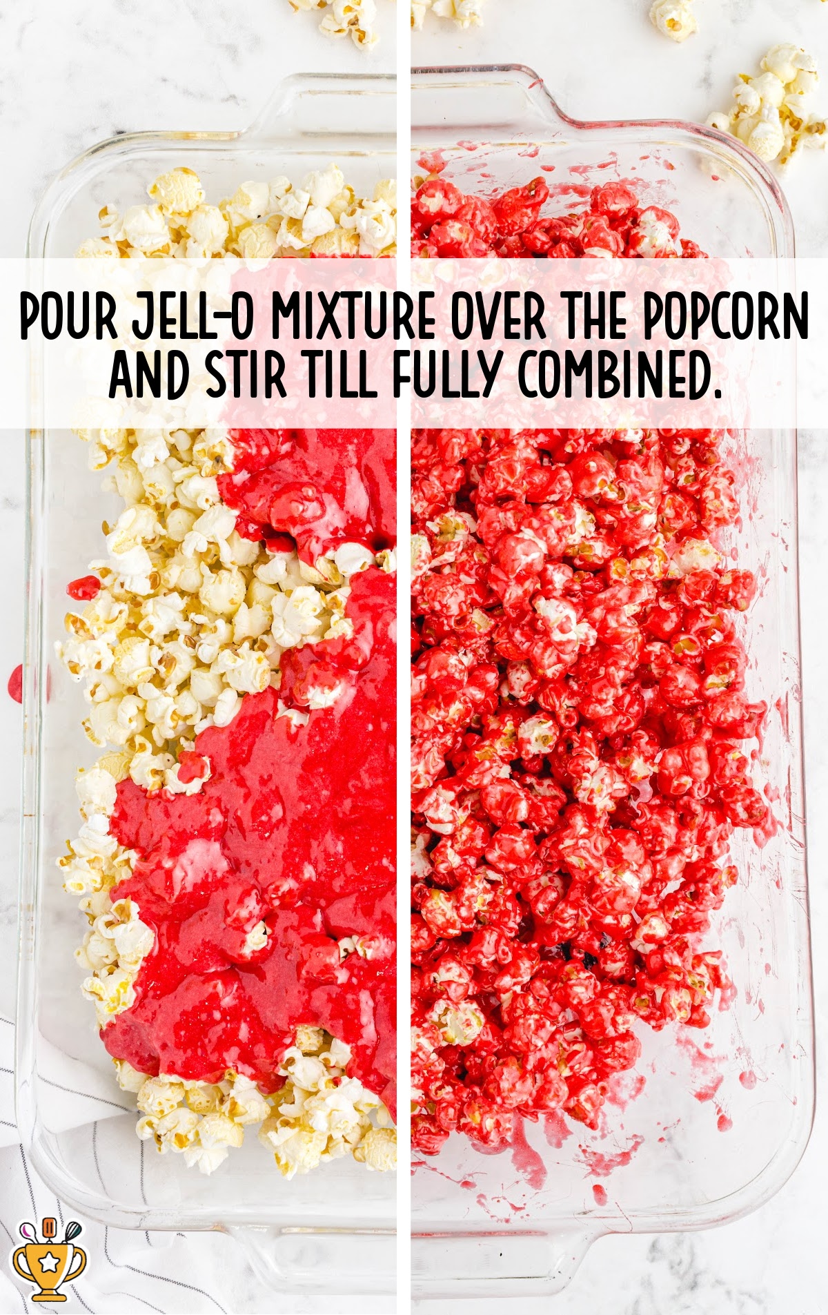 jello mixture poured over the popcorn and stirred