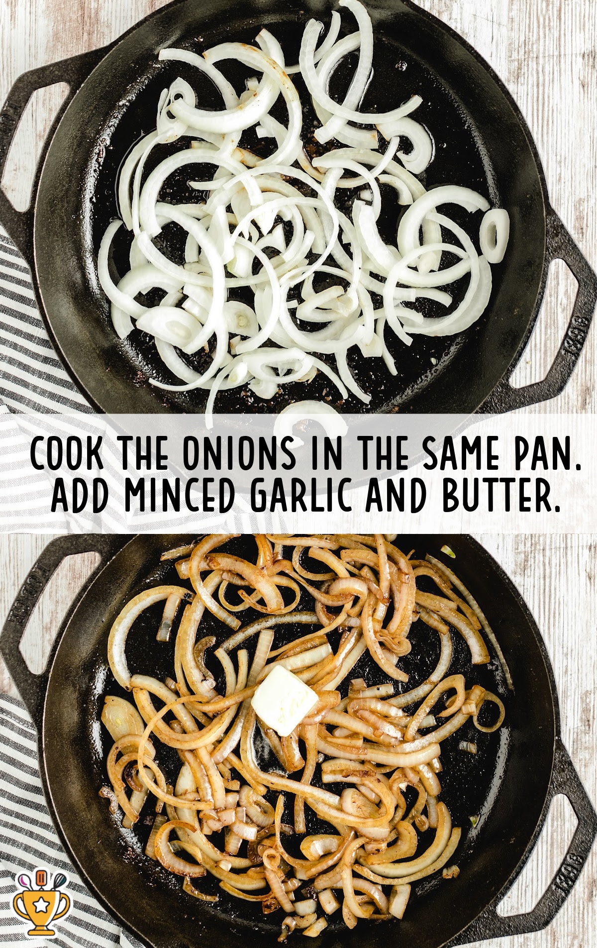 onions and minced garlic added in a frying pan