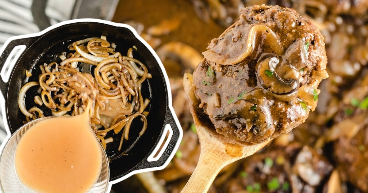 fried onions in a frying pan and a wooden spoon holding some Salisbury Steak