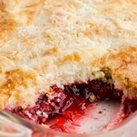 Strawberry Dump Cake in a baking dish