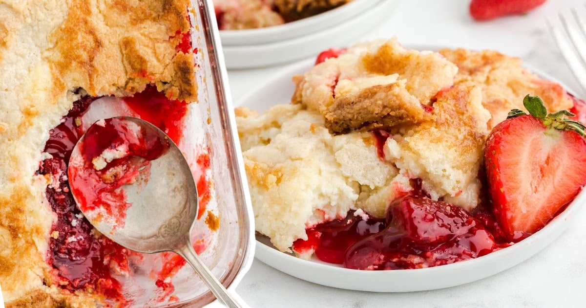 Strawberry Dump Cake in a baking dish and on a plate