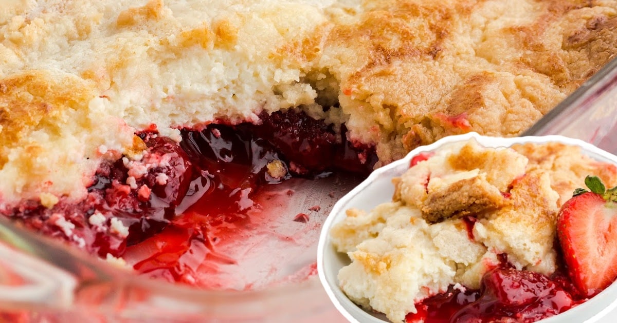 Strawberry Dump Cake in a baking dish and on a plate