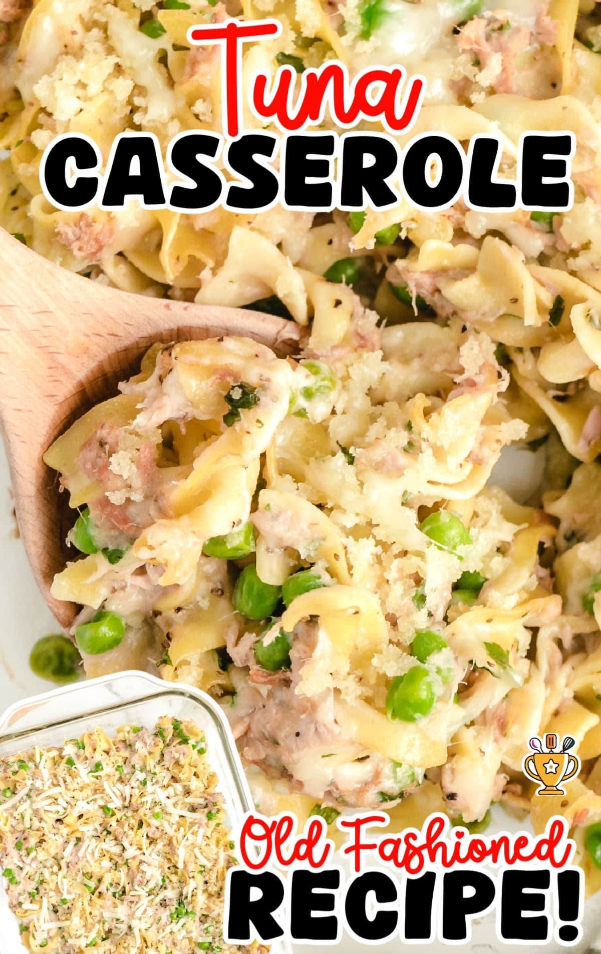 a wooden spoon holding some Tuna Casserole