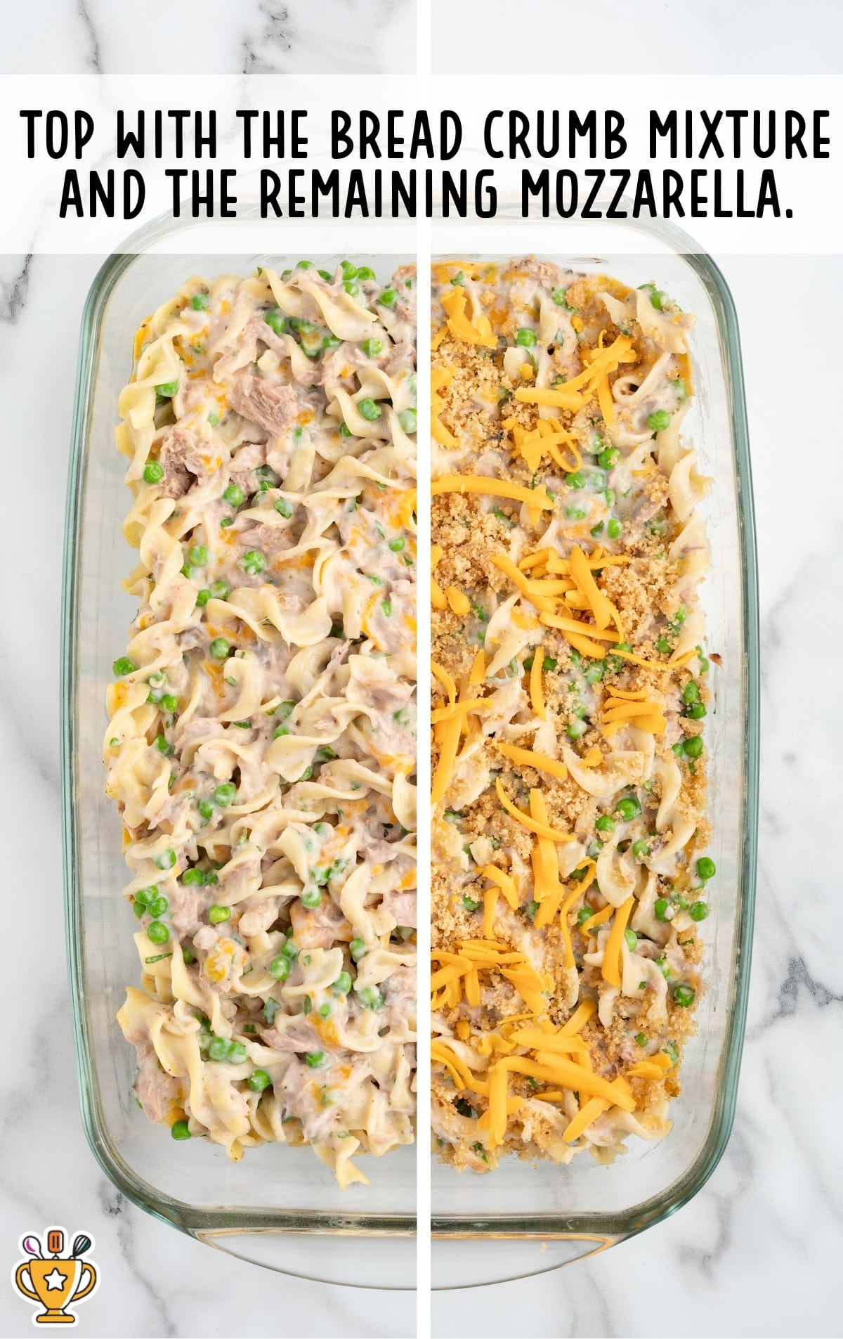 Tuna Casserole topped with bread crumbs in a baking dish