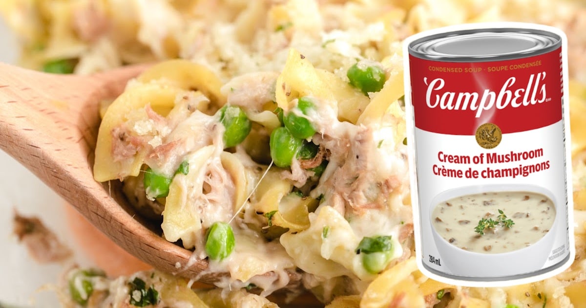 a wooden spoon holding some Tuna Casserole