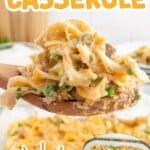 a wooden spoon holding some Tuna Casserole