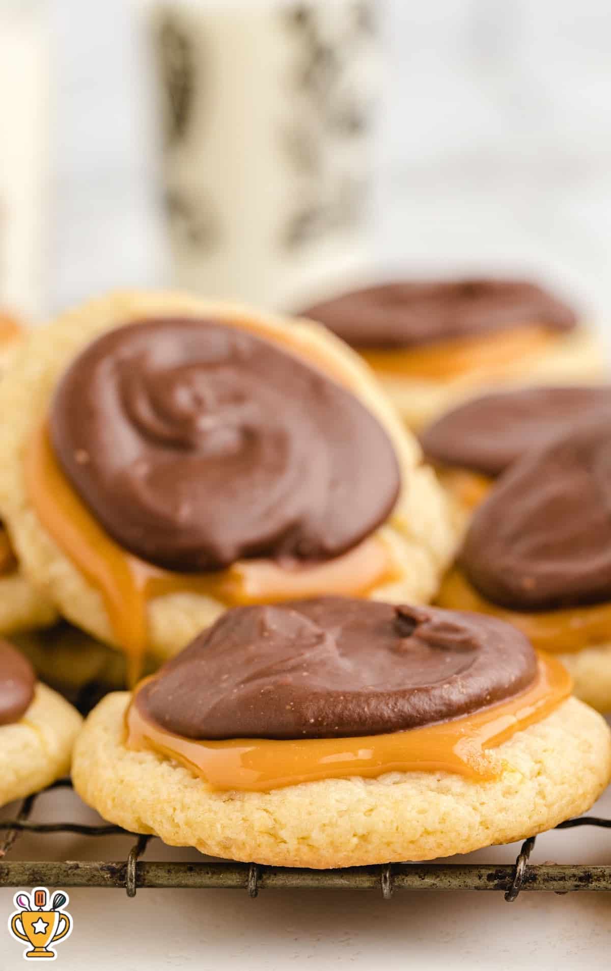 Twix Cookies on a cooling rack